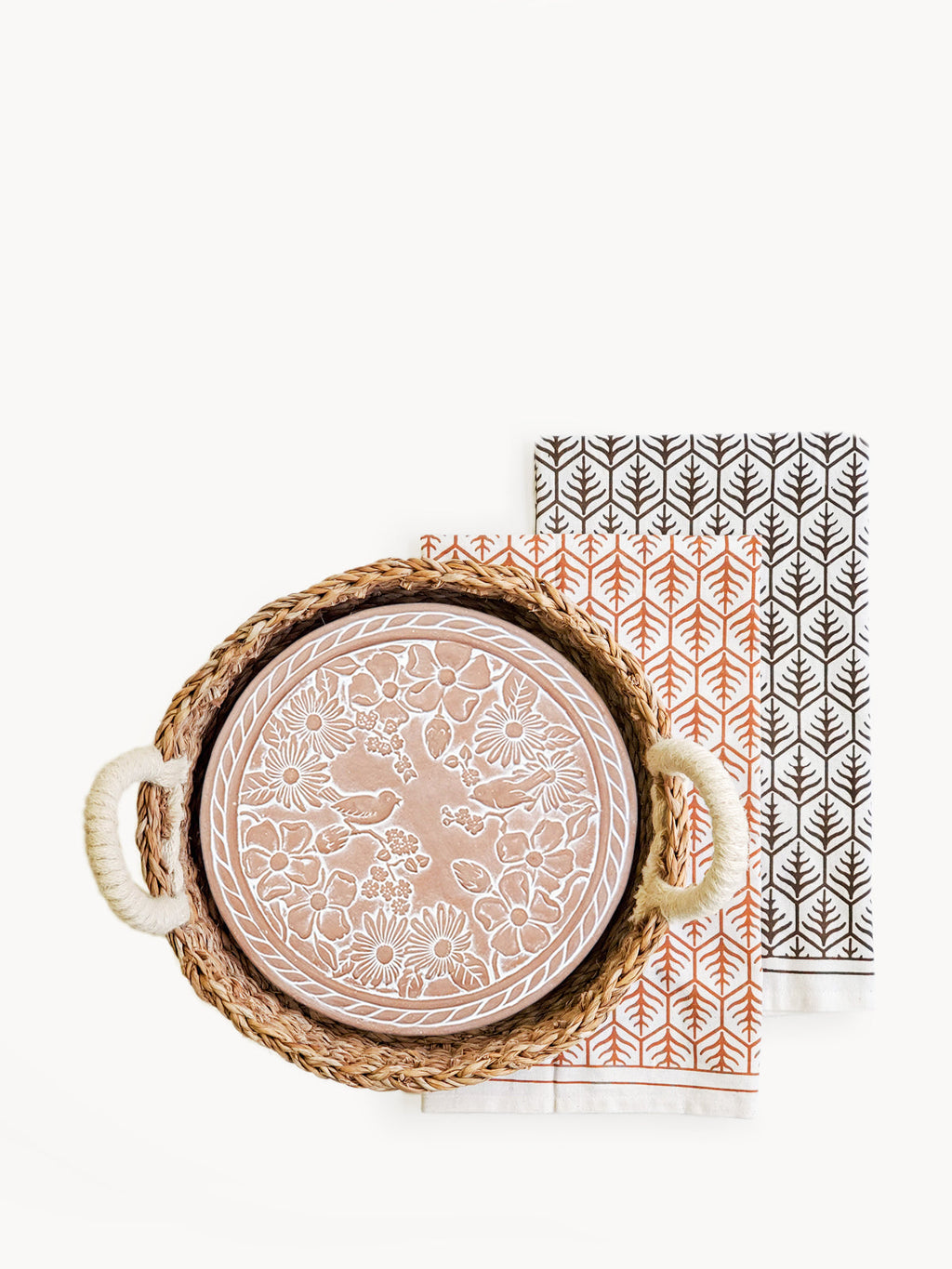 Bread Warmer & Basket Gift Set with Tea Towel - Garden Round