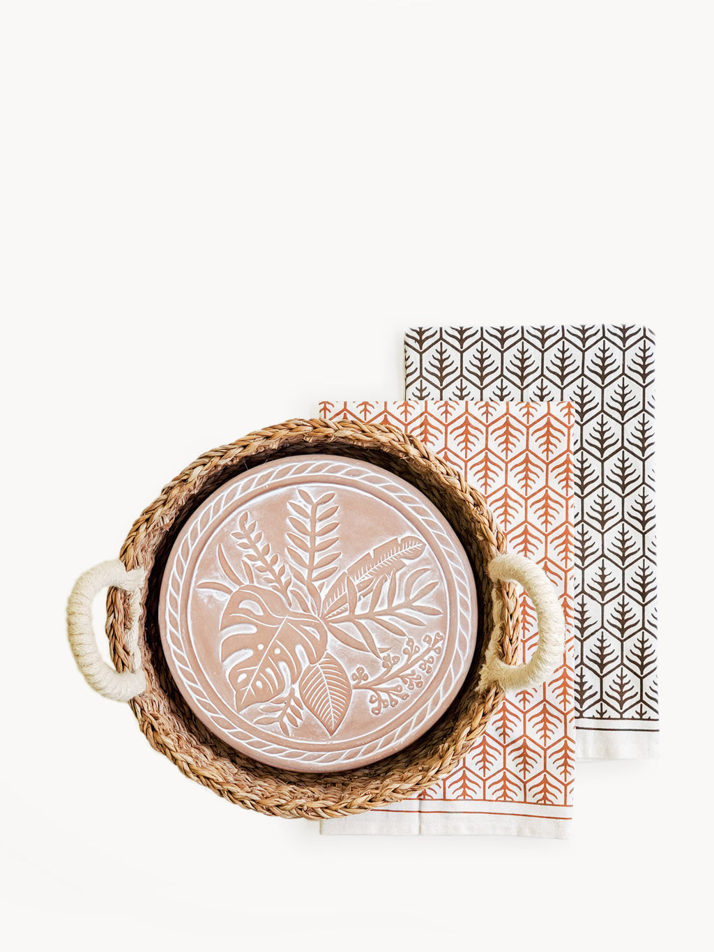 Bread Warmer & Basket Gift Set with Tea Towel - Plant Round