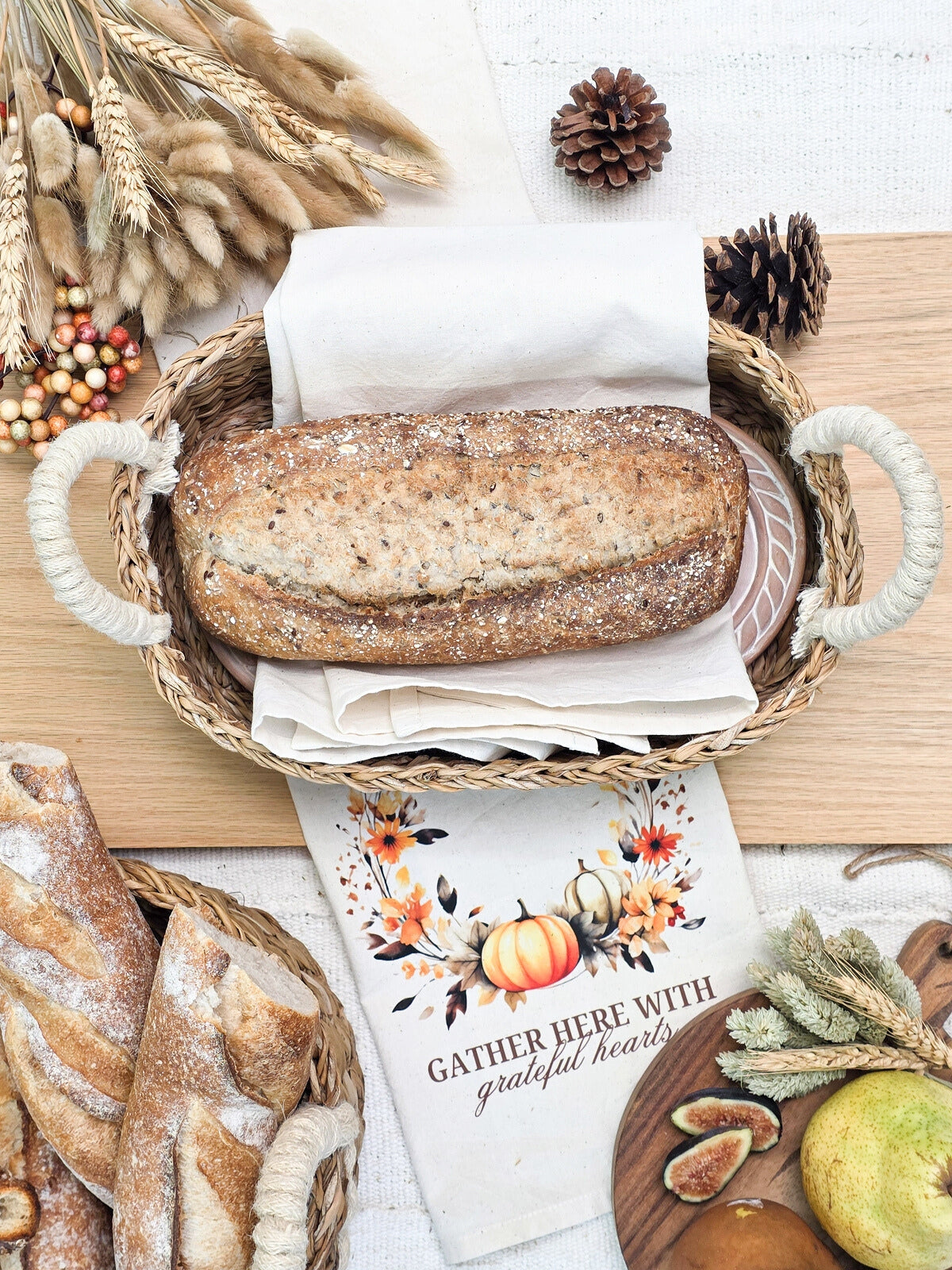 Bread Warmer & Basket Gift Set with Tea Towel - Pumpkin Oval