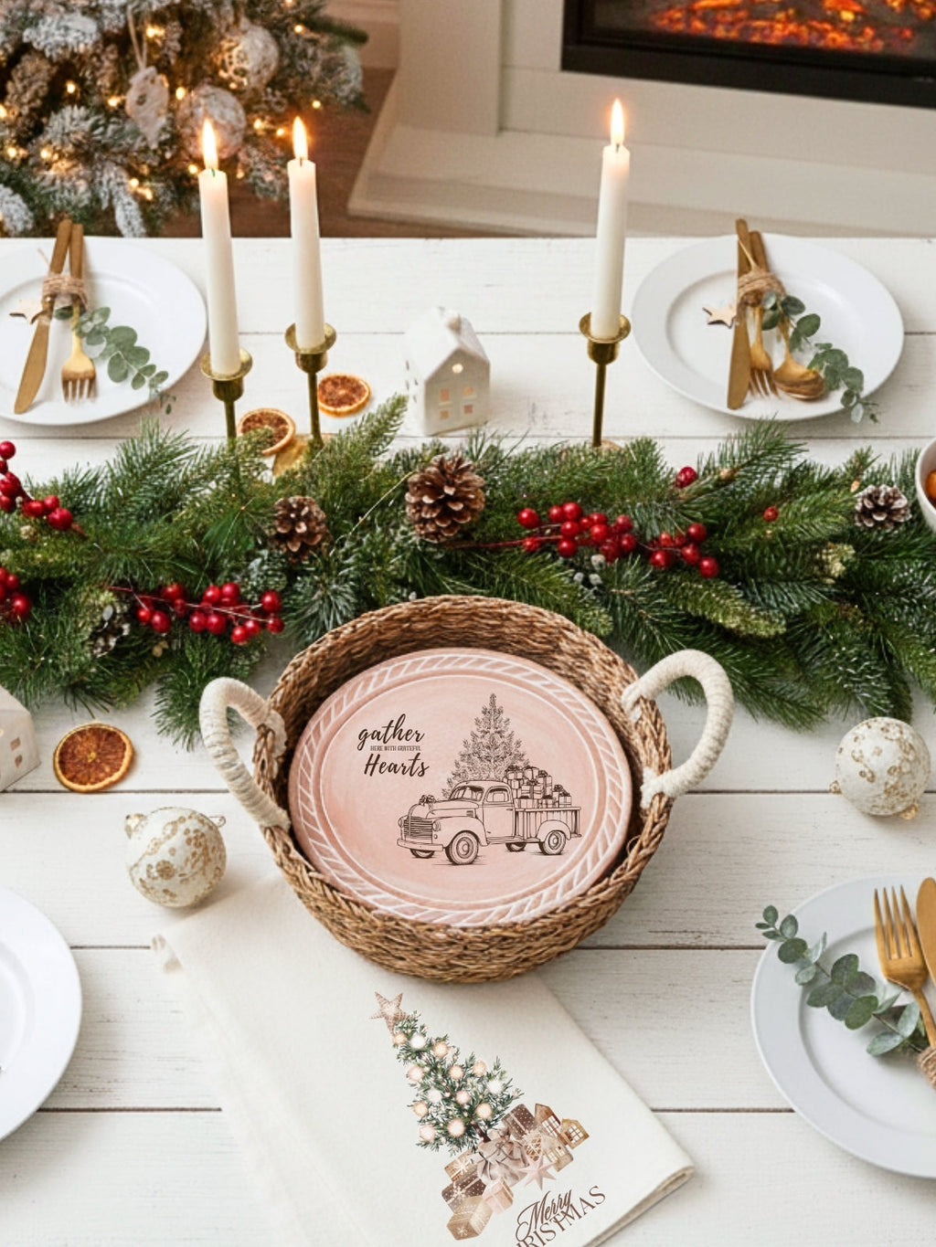 Bread Warmer & Basket Gift Set with Tea Towel - Christmas Truck Round