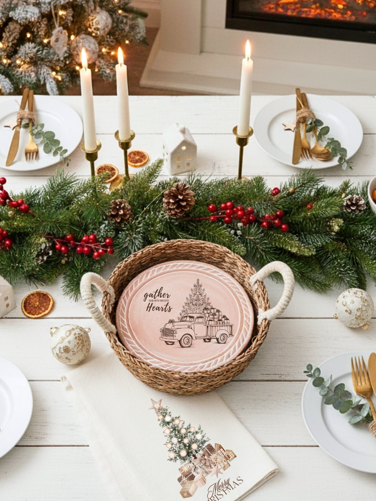 Bread Warmer & Basket Gift Set with Tea Towel - Christmas Truck Round