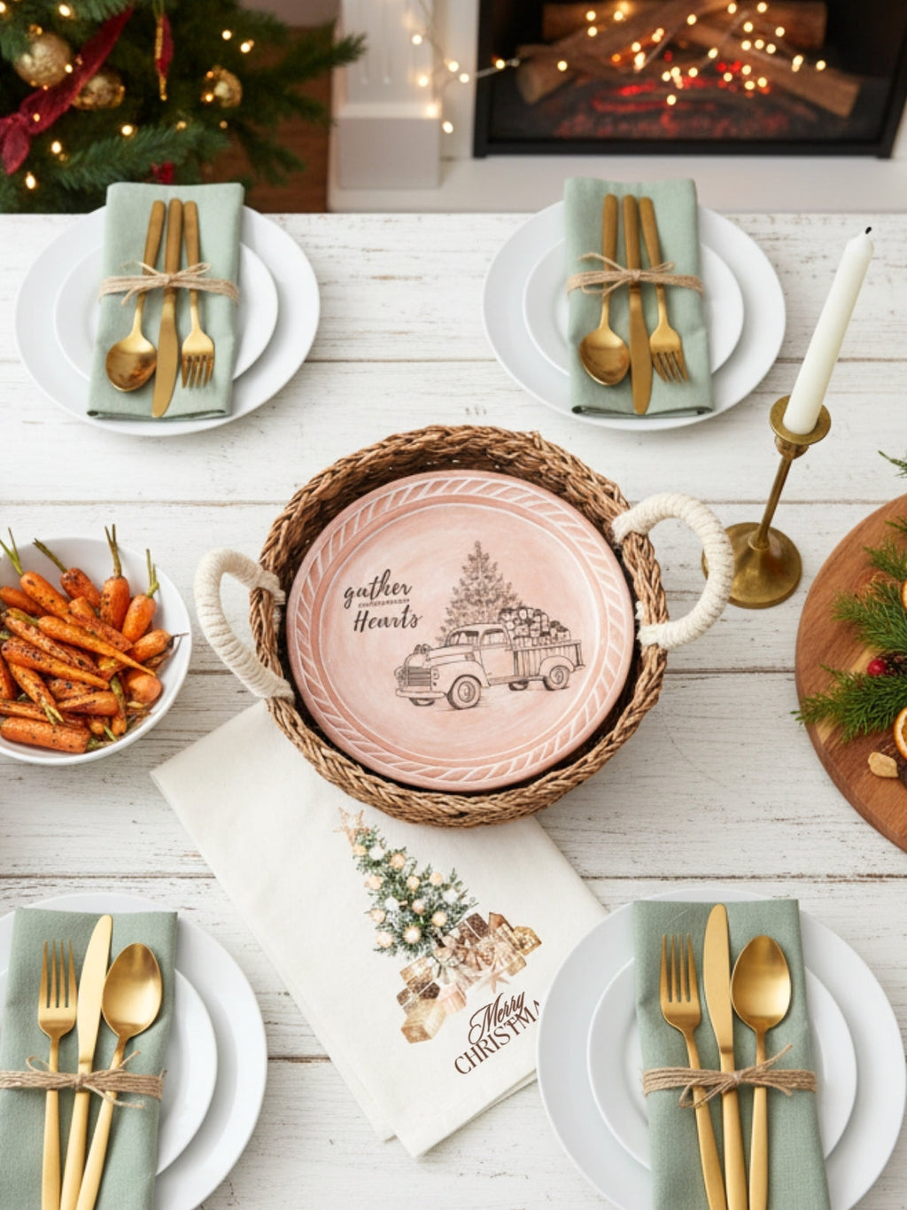 Bread Warmer & Basket Gift Set with Tea Towel - Christmas Truck Round