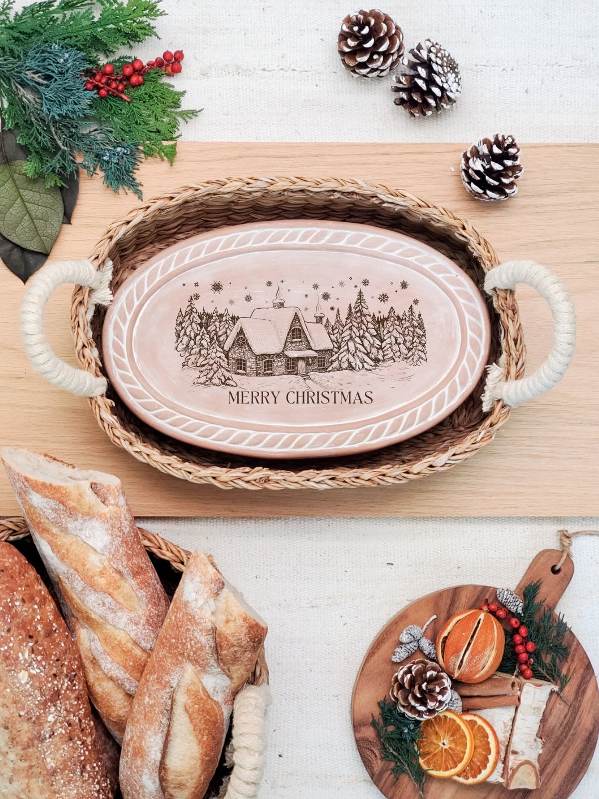 Bread Warmer & Basket - Christmas Village Oval