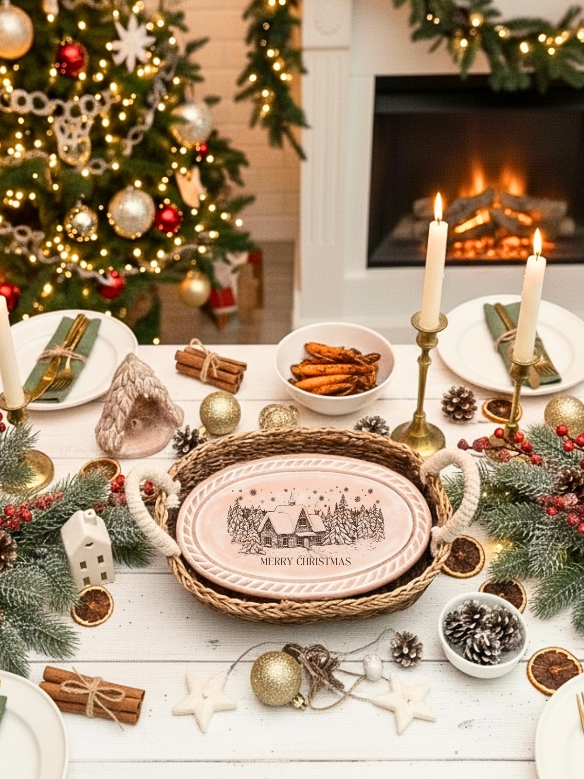 Bread Warmer & Basket - Christmas Village Oval