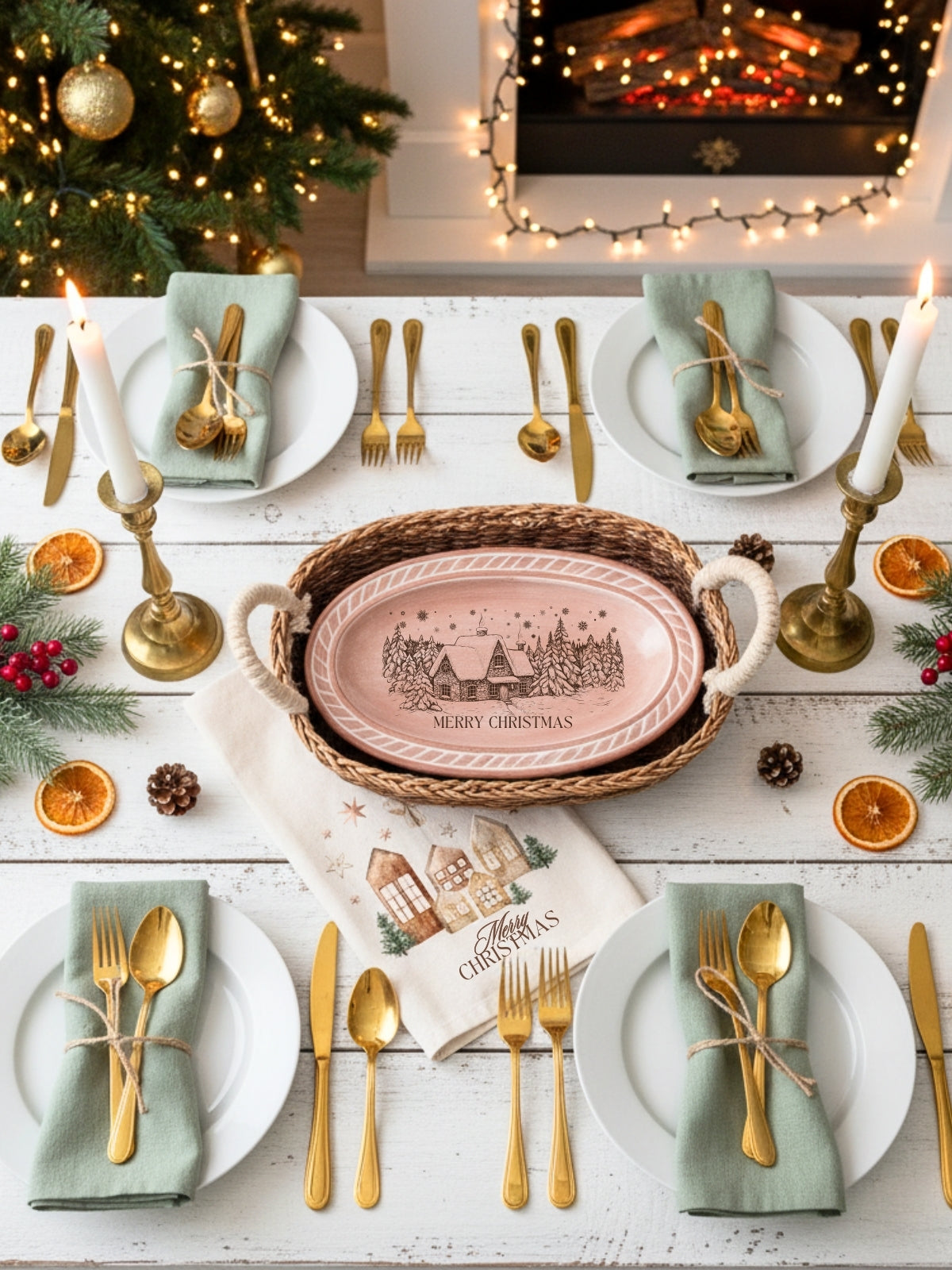 Bread Warmer & Basket - Christmas Village Oval