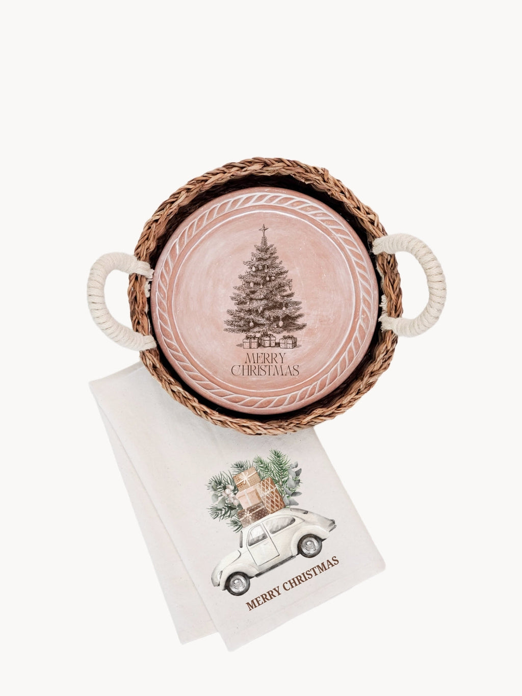 Bread Warmer & Basket Gift Set with Tea Towel - Christmas Tree Round